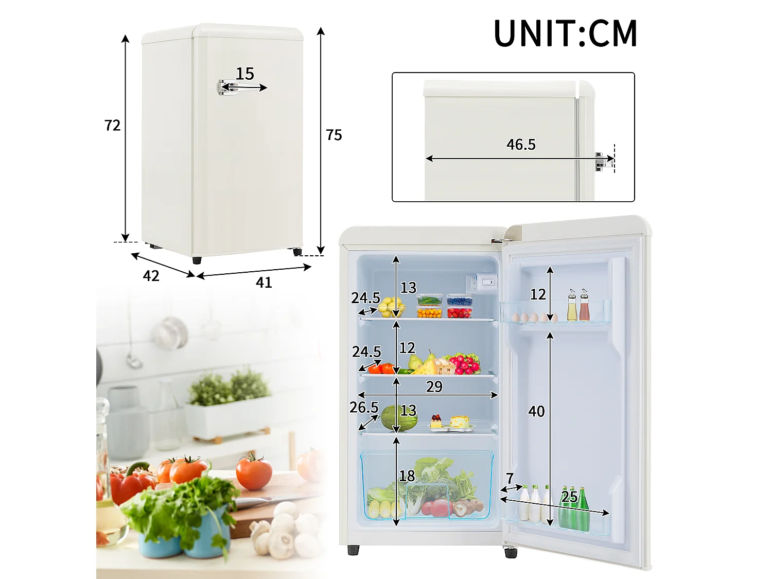 Réfrigérateur,76L, 1 PORTR,éclairage par LED,Pieds réglables,41*42*75 cm,blanc