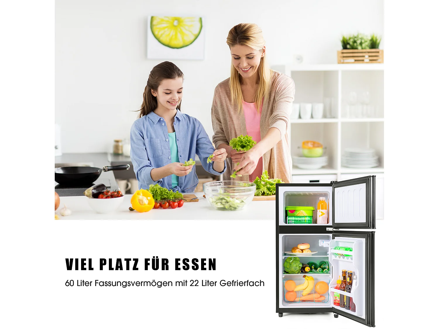 Mini Frigorífico - Congelador 22L + Frigorífico 38L - 42x45,5x86,8cm - 172 kWh/ano, Luz LED - Classe F - Preto