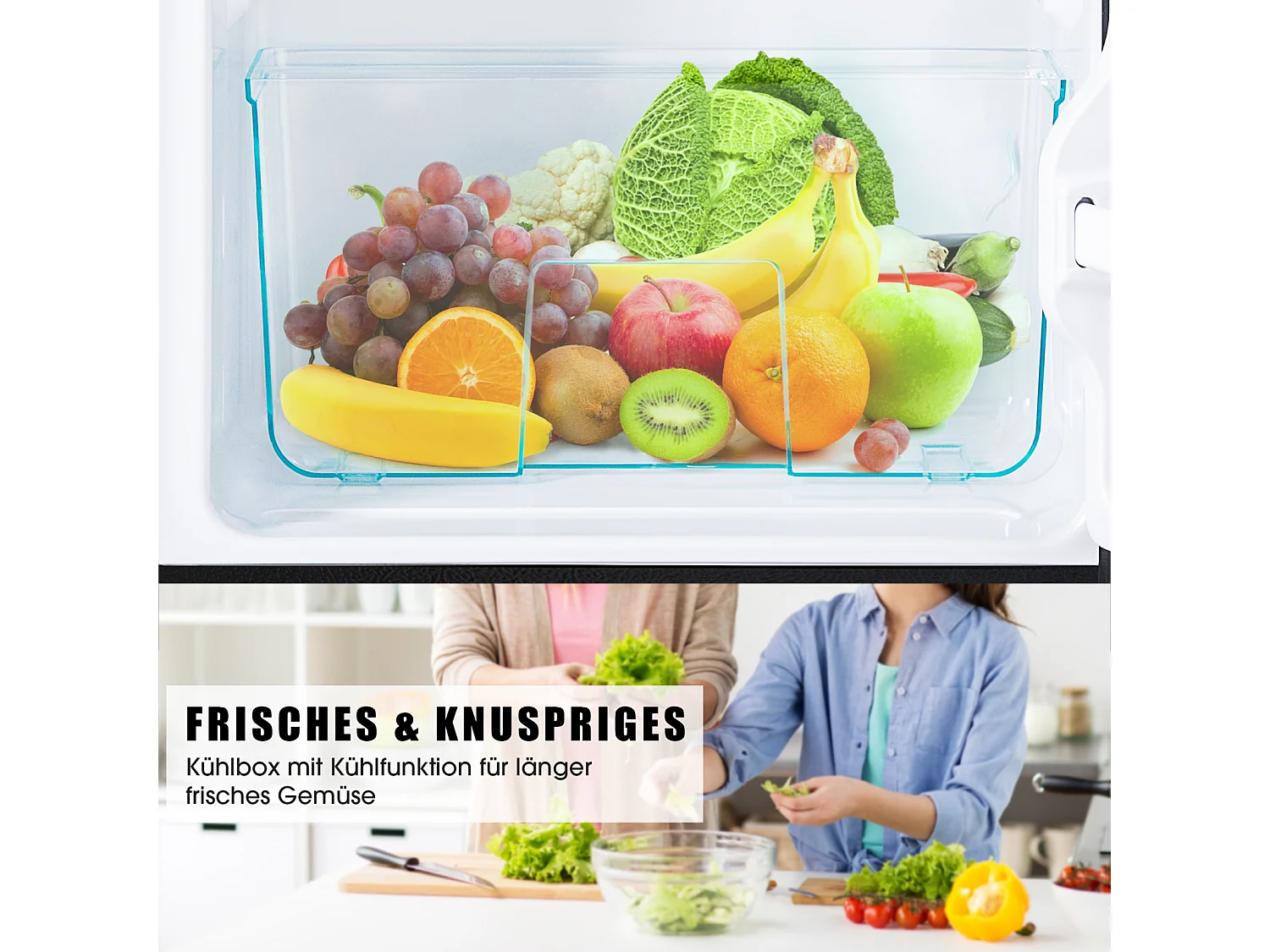 Mini Frigorífico - Congelador 22L + Frigorífico 38L - 42x45,5x86,8cm - 172 kWh/ano, Luz LED - Classe F - Preto