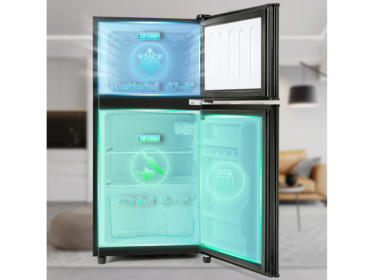 Mini Frigorífico - Congelador 22L + Frigorífico 38L - 42x45,5x86,8cm - 172 kWh/ano, Luz LED - Classe F - Preto