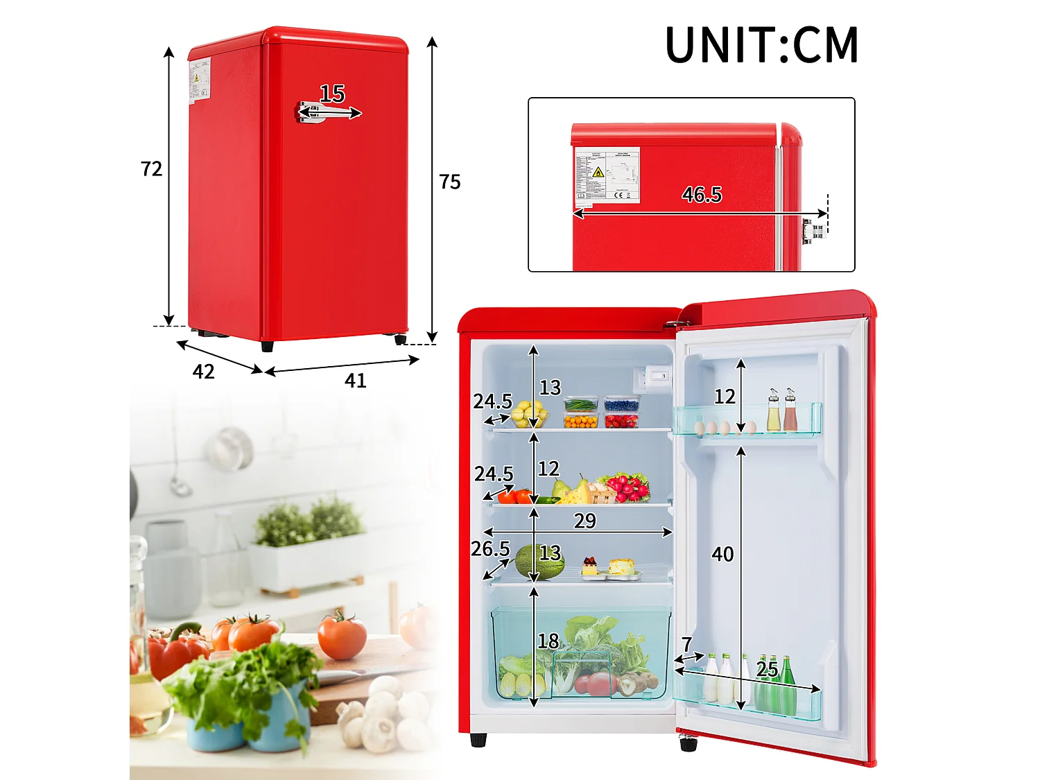 Réfrigérateur,76L, 1 PORTR,éclairage par LED,Pieds réglables,41*42*75 cm