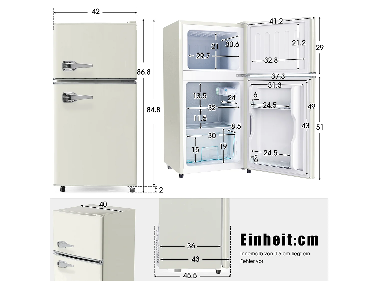 Mini Réfrigérateur - 22L congélateur + 38L réfrigérateur - 42.5x45.5x86.8cm - 163 kWh/an, lumière LED - Classe F -Blanc
