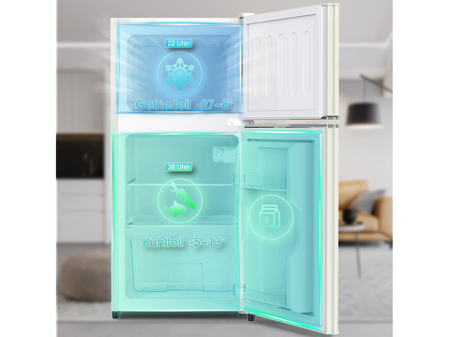 Mini Réfrigérateur - 22L congélateur + 38L réfrigérateur - 42.5x45.5x86.8cm - 163 kWh/an, lumière LED - Classe F -Blanc