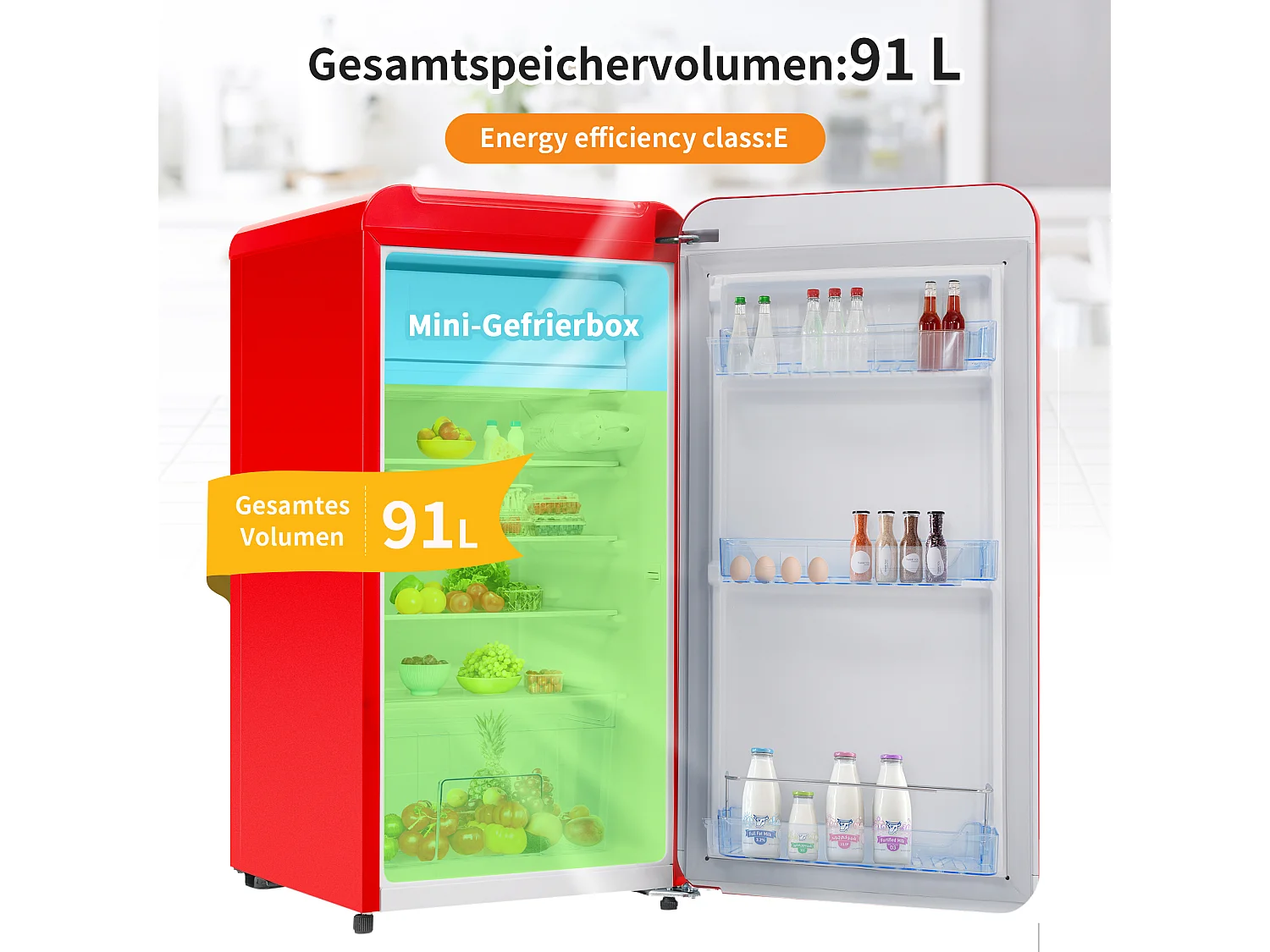 Frigorífico, CON UNA PUERTA, 91L, con mini congelador, 85 kWh/año, luz LED, Clase E, 45*51*88 cm-negro