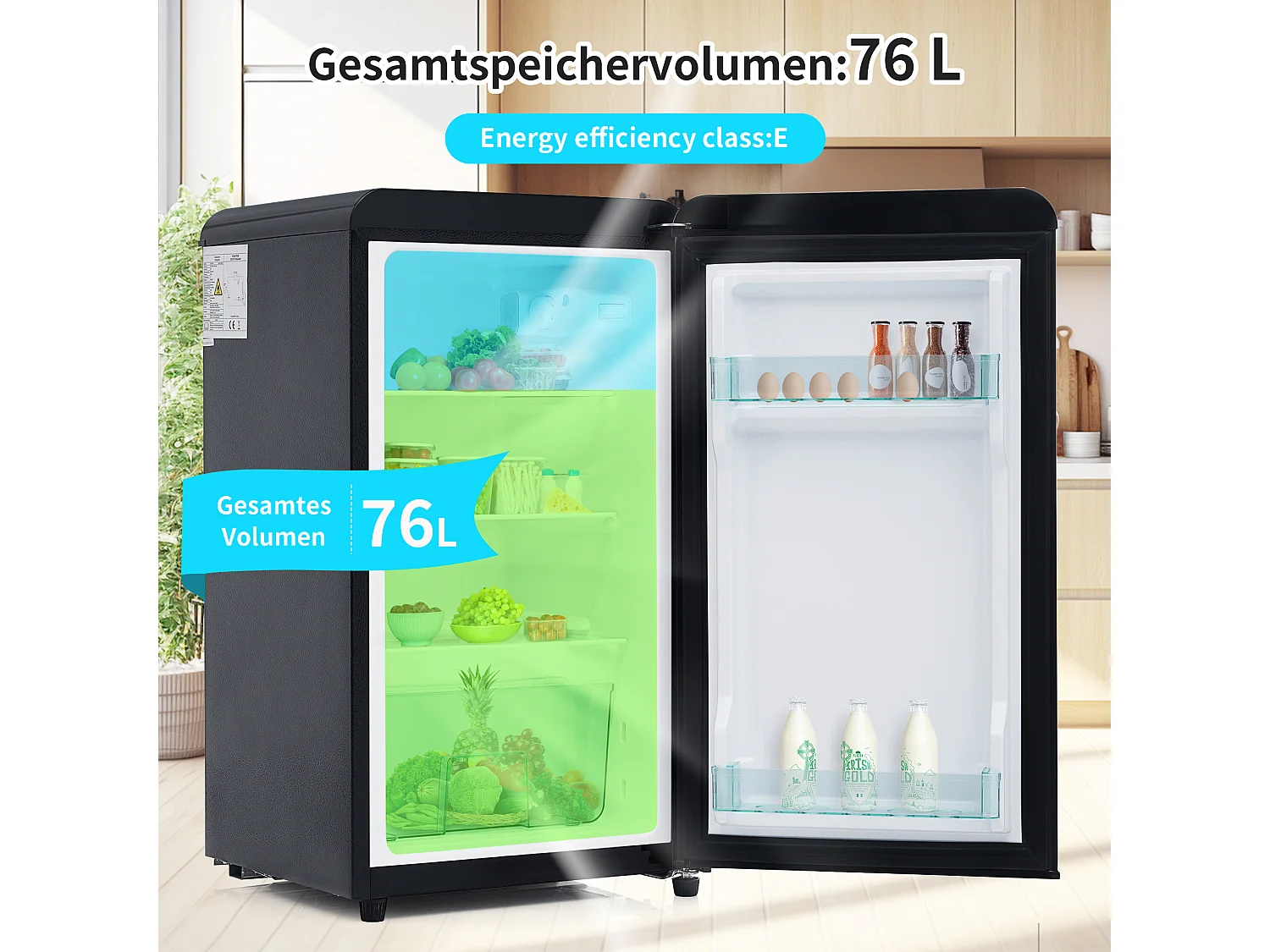 Réfrigérateur,76L, 1 PORTR,éclairage par LED,Pieds réglables,41*42*75 cm,NOIR