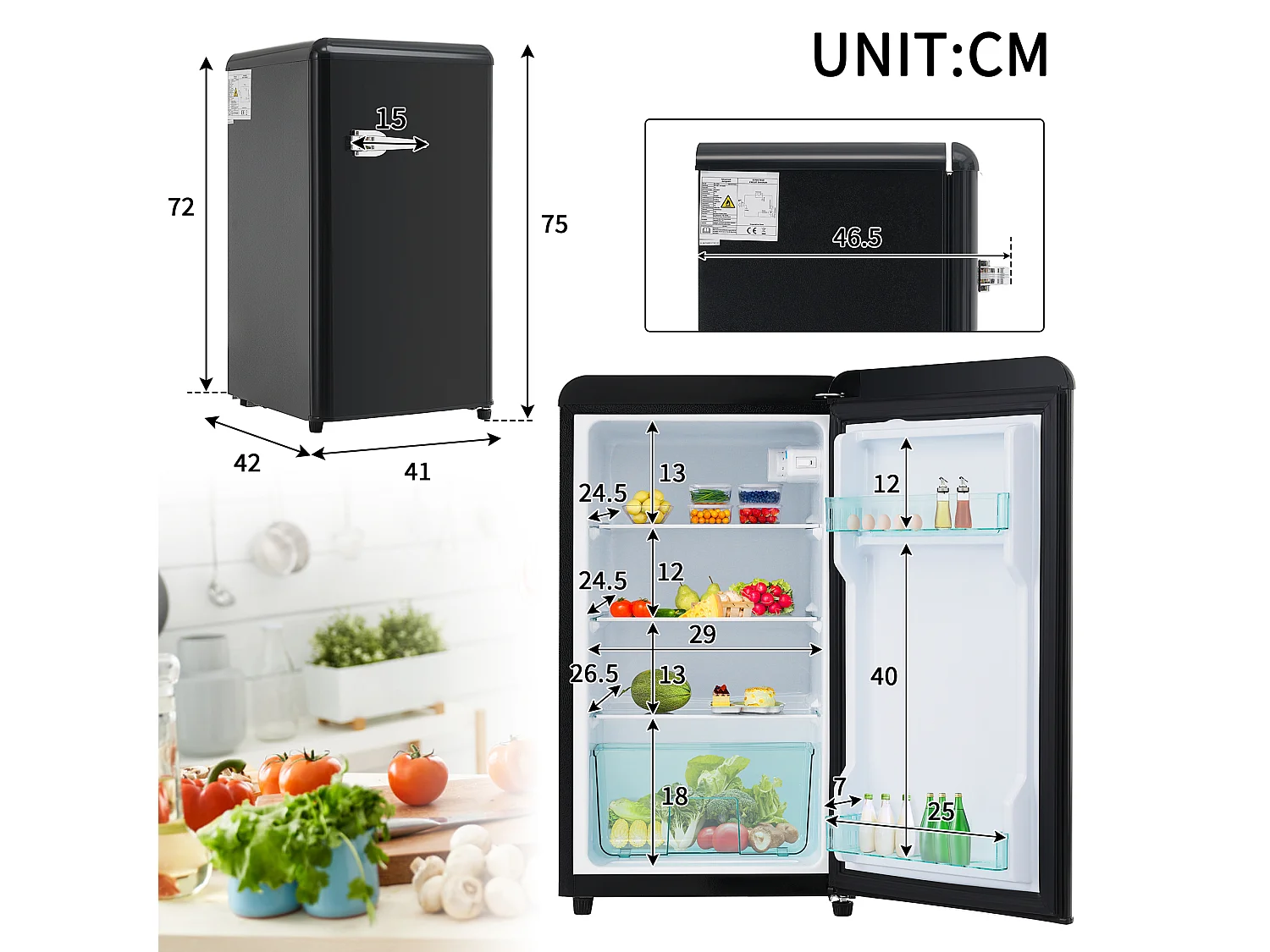 Réfrigérateur,76L, 1 PORTR,éclairage par LED,Pieds réglables,41*42*75 cm,NOIR
