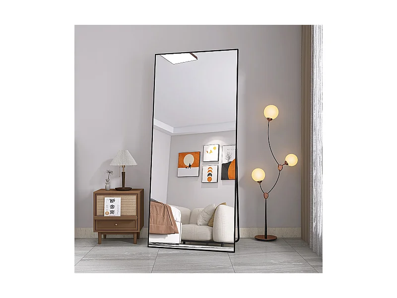 Rechteckiger Standspiegel mit Metallrahmen, HD, großer Standspiegel für Wohnzimmer, Schlafzimmer und Ankleidezimmer, schwarzer Spiegel, 180 x 80 cm