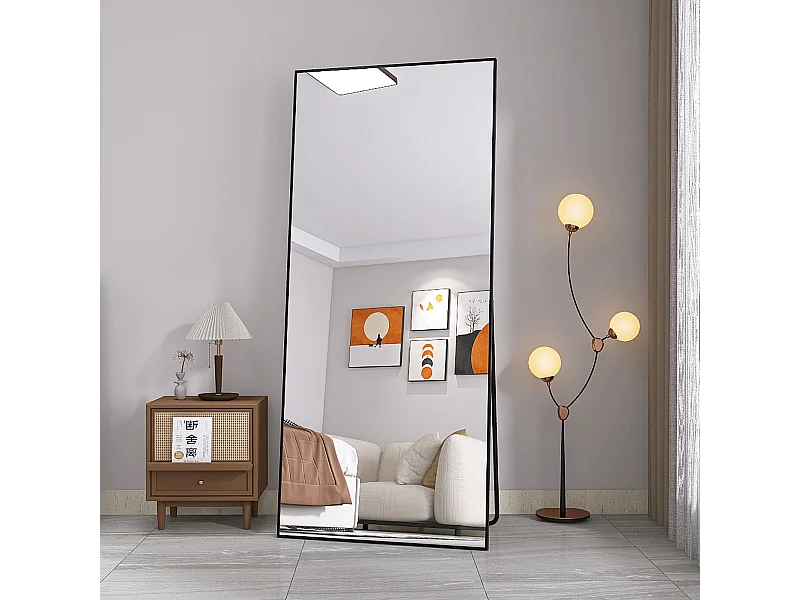 Miroir sur Pied Rectangle avec Cadre en Métal Miroir sur Pied HD Grand pour Salon, Chambre et Dressing Miroir Noir 180x80cm