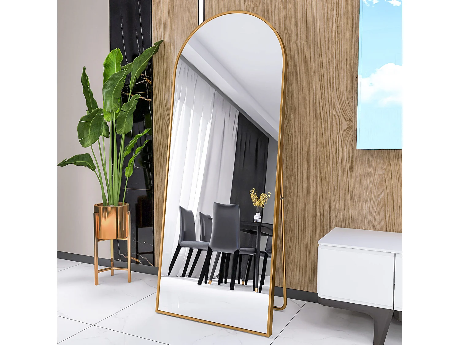 Espelho de pé arqueado, 165 x 60 cm, com moldura em metal, espelho de corpo inteiro, espelho de parede, para sala de estar ou closet - dourado