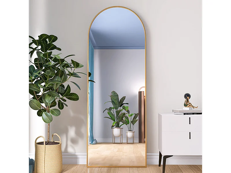 NeuType Specchio ad arco a figura intera, da appendere o appoggiato alla parete, grande specchio da camera da letto, specchio da pavimento, cornice sottile in lega di alluminio, oro, 180,3 x 81,3
