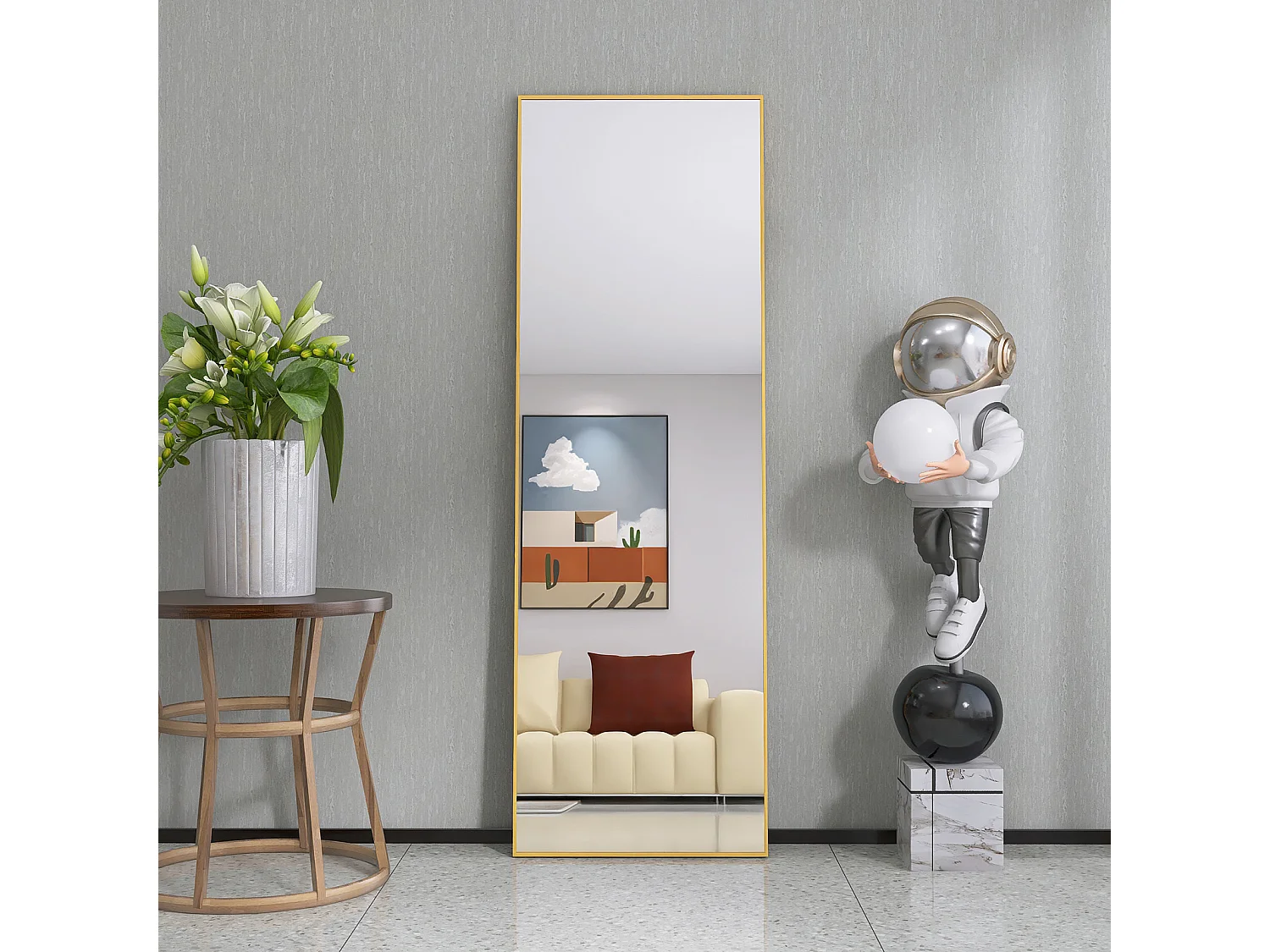 Espelho de pé retangular com moldura em metal HD Espelho de pé grande para sala de estar, quarto e closet Espelho dourado 165x60cm