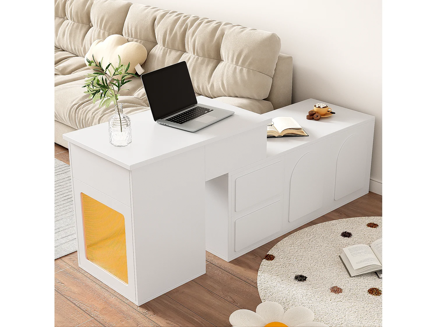 Hochklappbarer Couchtisch 90x50x40+60x40,5x54cm - LED-Multifunktionstisch, einzigartiges Design, viel Stauraum - weiß