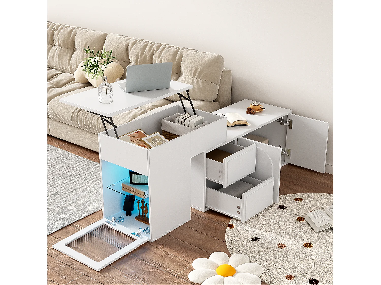 Hochklappbarer Couchtisch 90x50x40+60x40,5x54cm - LED-Multifunktionstisch, einzigartiges Design, viel Stauraum - weiß