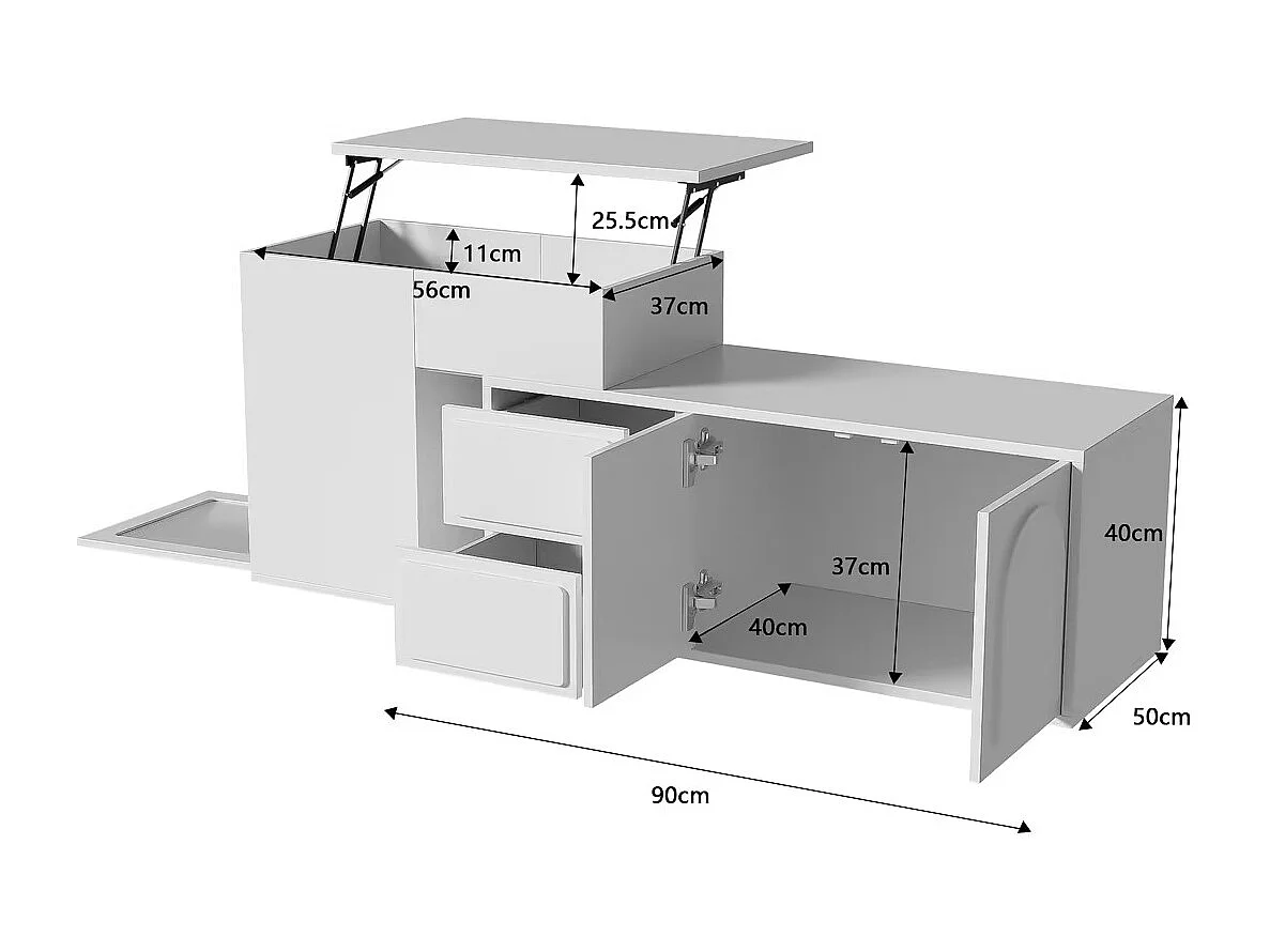 Hochklappbarer Couchtisch 90x50x40+60x40,5x54cm - LED-Multifunktionstisch, einzigartiges Design, viel Stauraum - weiß