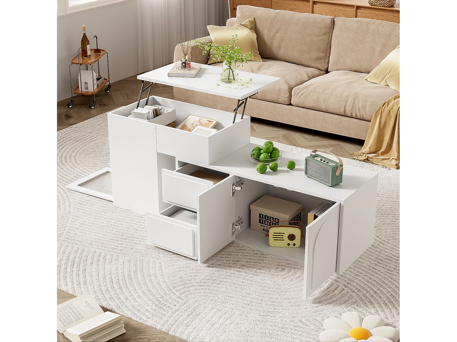 Hochklappbarer Couchtisch 90x50x40+60x40,5x54cm - LED-Multifunktionstisch, einzigartiges Design, viel Stauraum - weiß