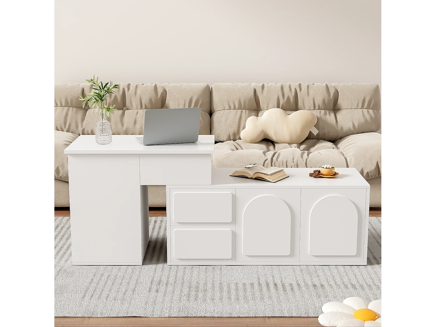 Hochklappbarer Couchtisch 90x50x40+60x40,5x54cm - LED-Multifunktionstisch, einzigartiges Design, viel Stauraum - weiß