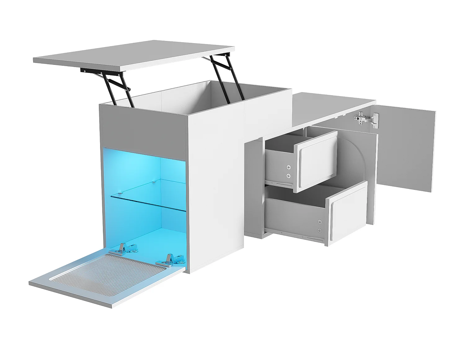 Hochklappbarer Couchtisch 90x50x40+60x40,5x54cm - LED-Multifunktionstisch, einzigartiges Design, viel Stauraum - weiß