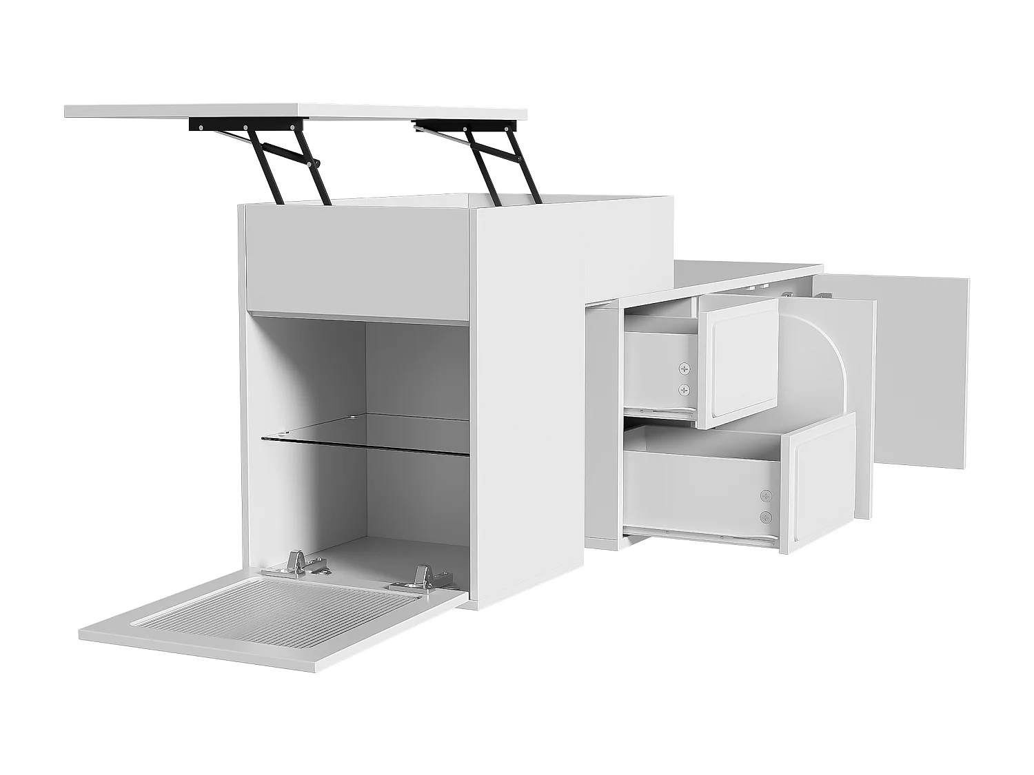 Hochklappbarer Couchtisch 90x50x40+60x40,5x54cm - LED-Multifunktionstisch, einzigartiges Design, viel Stauraum - weiß