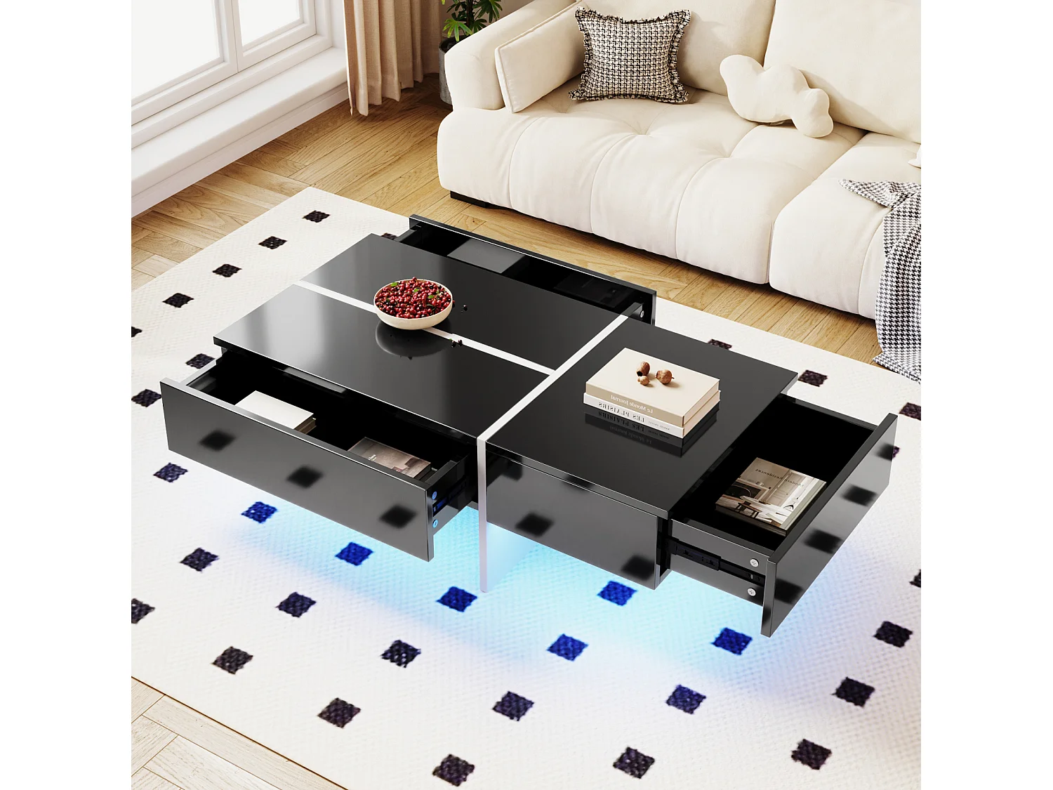Table basse, structure effet marbre blanc et table avec LED, Noir