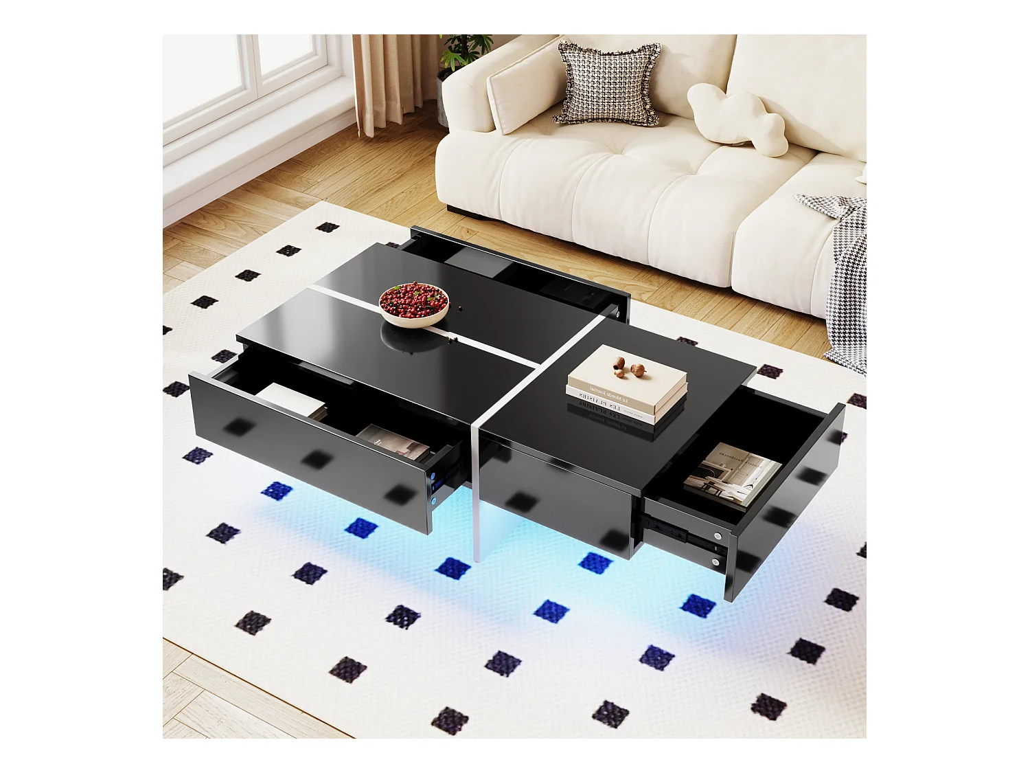 Couchtisch, Struktur in weißem Marmoreffekt und Tisch mit LED, Schwarz