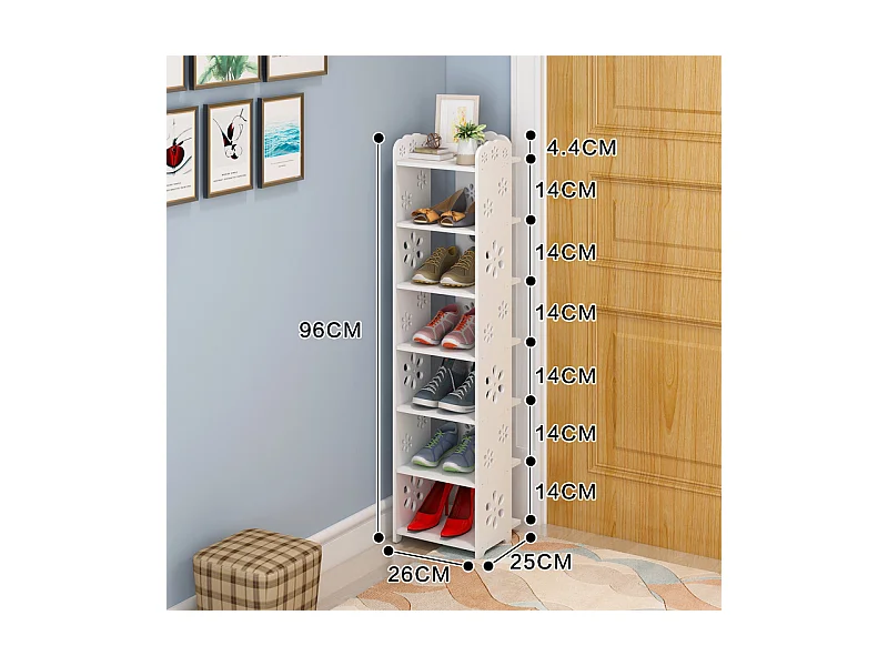 ABBIGLIATO DELLA SCARPA 7 INSIGLIO IN PLASICO IN PERSONALE, Scaffale per lo stoccaggio delle scarpe, 26x25x96 cm, bianco