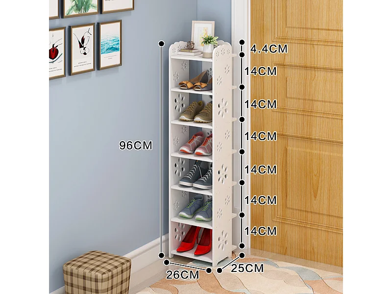 Meuble à Chaussures 7 Niveaux en Bois Plastique,Étagère de Rangement à Chaussures,26x25x96CM,Blanc