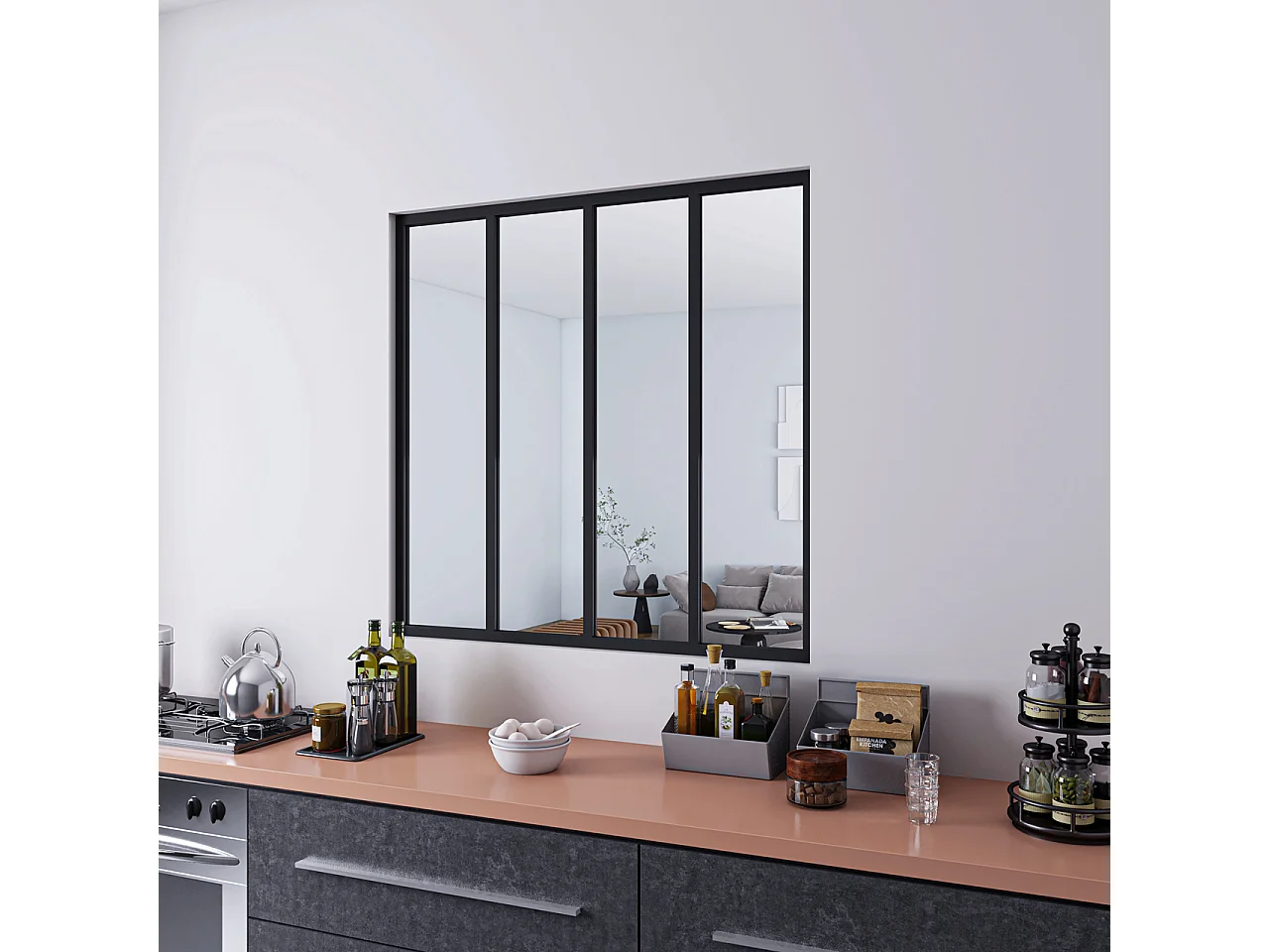 Parete Vetrata Interna 123x108 cm in Vetro Temperato Trasparente da 4 mm 4 Lastre Corniciate Profilo Nero Opaco Divisorio da Casa