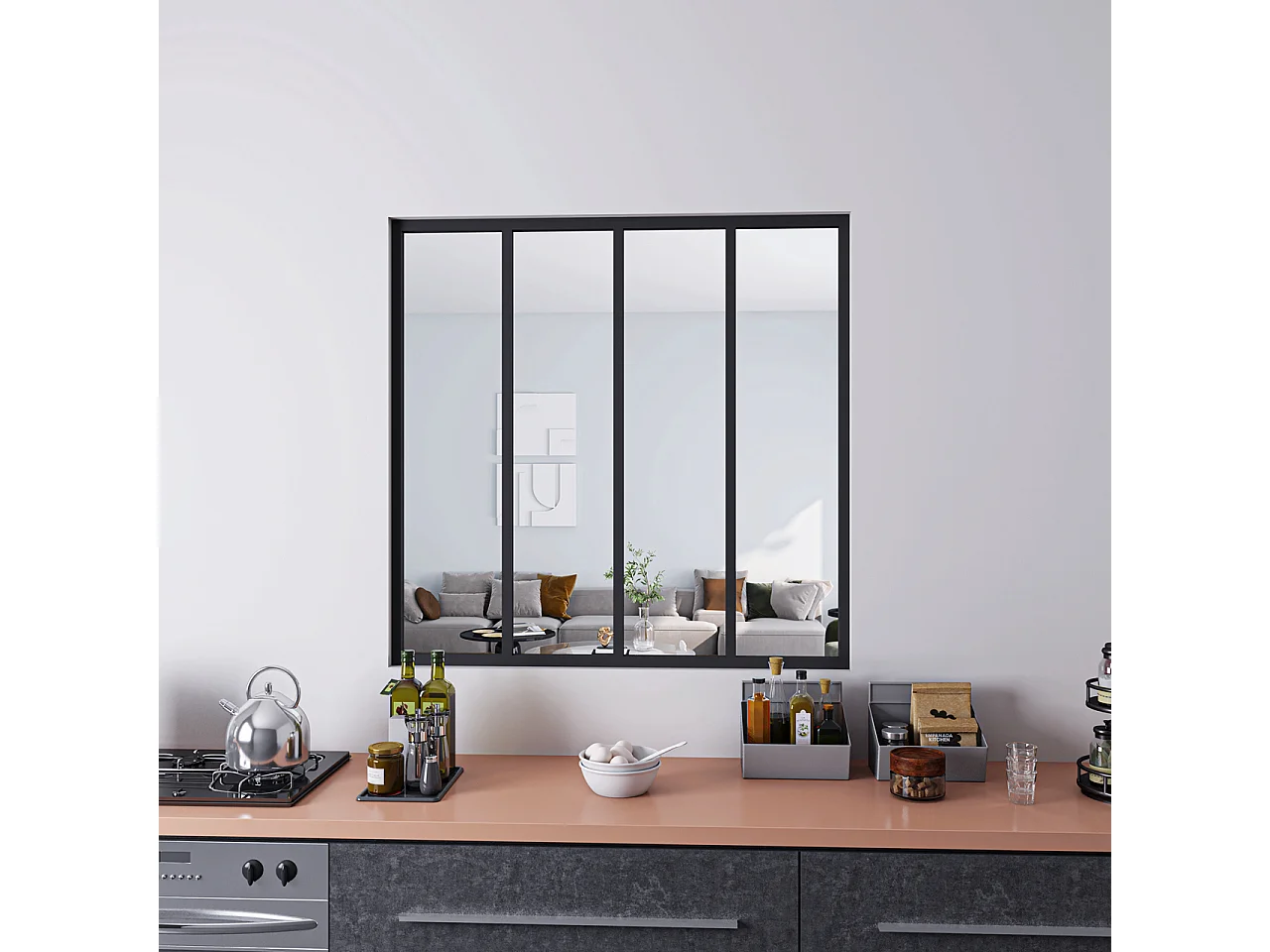 Parete Vetrata Interna 123x108 cm in Vetro Temperato Trasparente da 4 mm 4 Lastre Corniciate Profilo Nero Opaco Divisorio da Casa