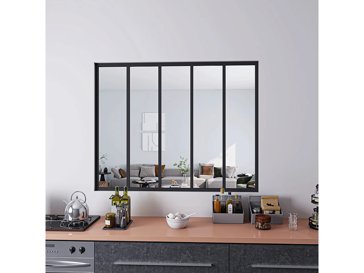 Parete Vetrata Interna 153x108 cm in Vetro Temperato Trasparente da 4 mm 5 Lastre Corniciate Profilo Nero Opaco Divisorio da Casa