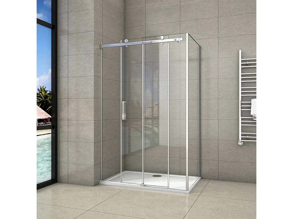 195 cm Box Doccia Angolare Porta Scorrevole con Parete Laterale 120x70 cm Vetro 8 mm Temperato Trasparente Anticalcare Telaio Cromato Lucido