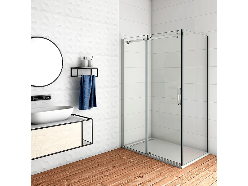 Aica Italy 100x80cm H.195 cm Box Doccia Angolare Porta Scorrevole Con Parete Laterale Vetro 8 Mm Temperato Anticalcare Trasparente Cromato Lucido