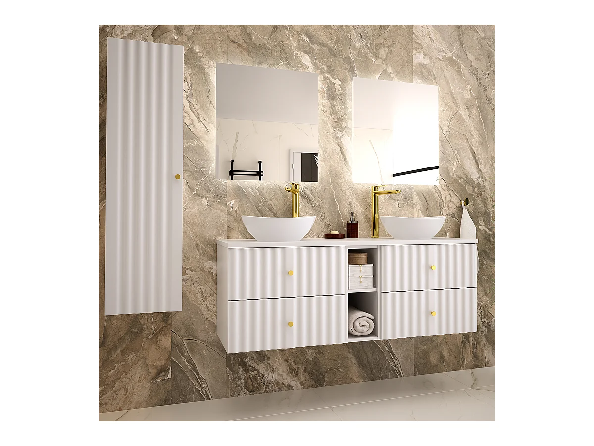 Ensemble meuble double vasque 140cm 2 niches et colonne Izae Blanc