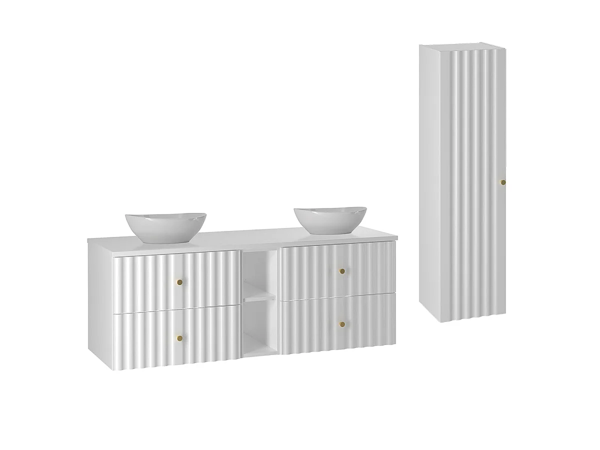 Ensemble meuble double vasque 140cm 2 niches et colonne Izae Blanc
