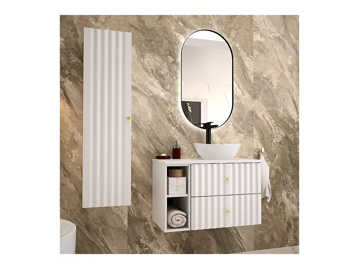 Ensemble meuble simple vasque 80cm 2 niches et colonne Izae Blanc