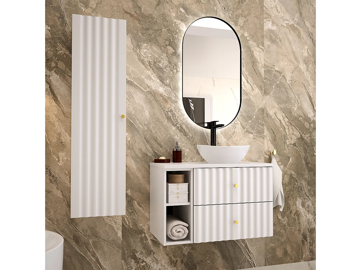 Ensemble meuble simple vasque 80cm 2 niches et colonne Izae Blanc