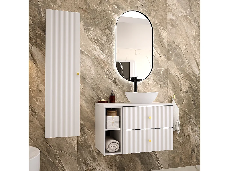 Conjunto de muebles con lavabo individual 80cm 2 compartimientos y columna Izae Blanco