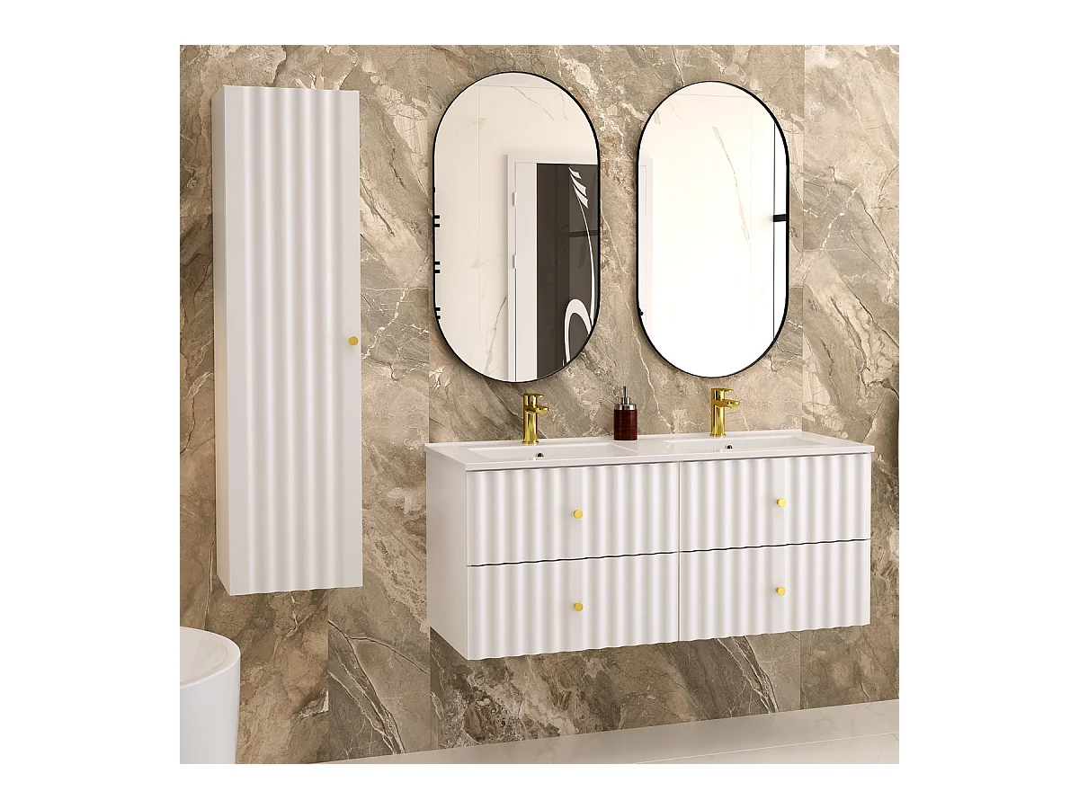 Ensemble meuble double vasque encastrée 120cm et colonne Izae Blanc