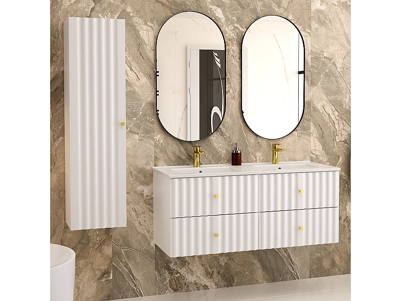 Ensemble meuble double vasque encastrée 120cm et colonne Izae Blanc