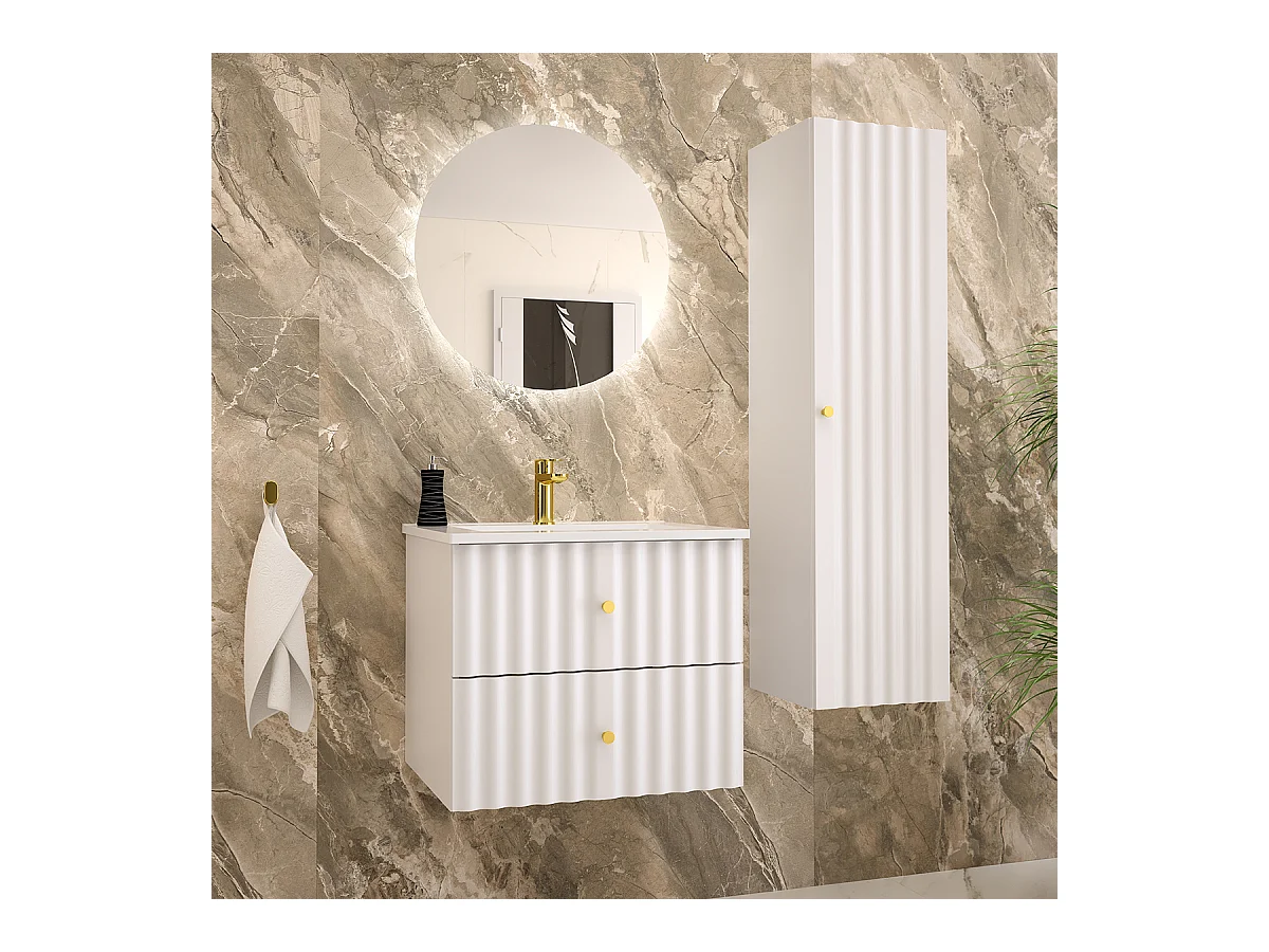 Ensemble meuble simple vasque encastrée 60cm et colonne Izae Blanc