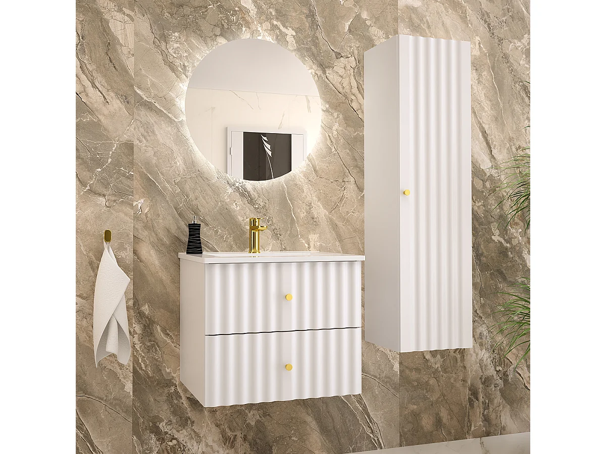 Set aus Waschtischunterschrank mit Einbauwaschbecken 60cm und Säule Izae Weiß