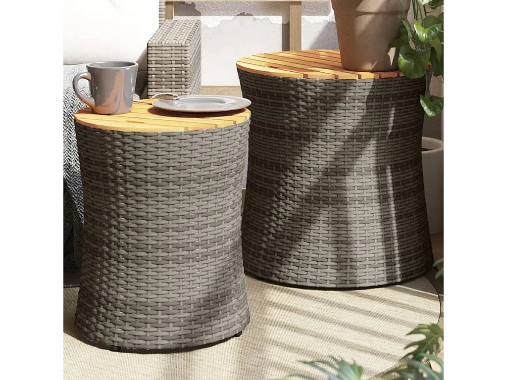 Oeffelt  Tuinbijzettafels 2 st met houten blad poly rattan grijs