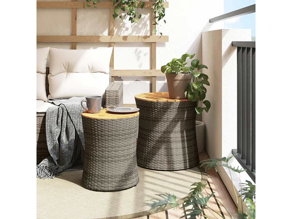 Oeffelt  Tuinbijzettafels 2 st met houten blad poly rattan grijs