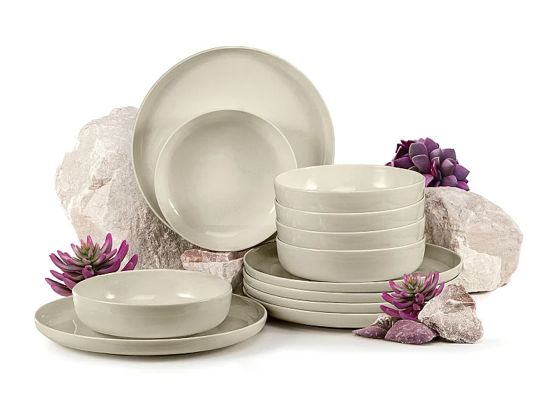 Service de table - Service vaisselle - 6 personnes 12 pièces - Beige Brillant - VICTO