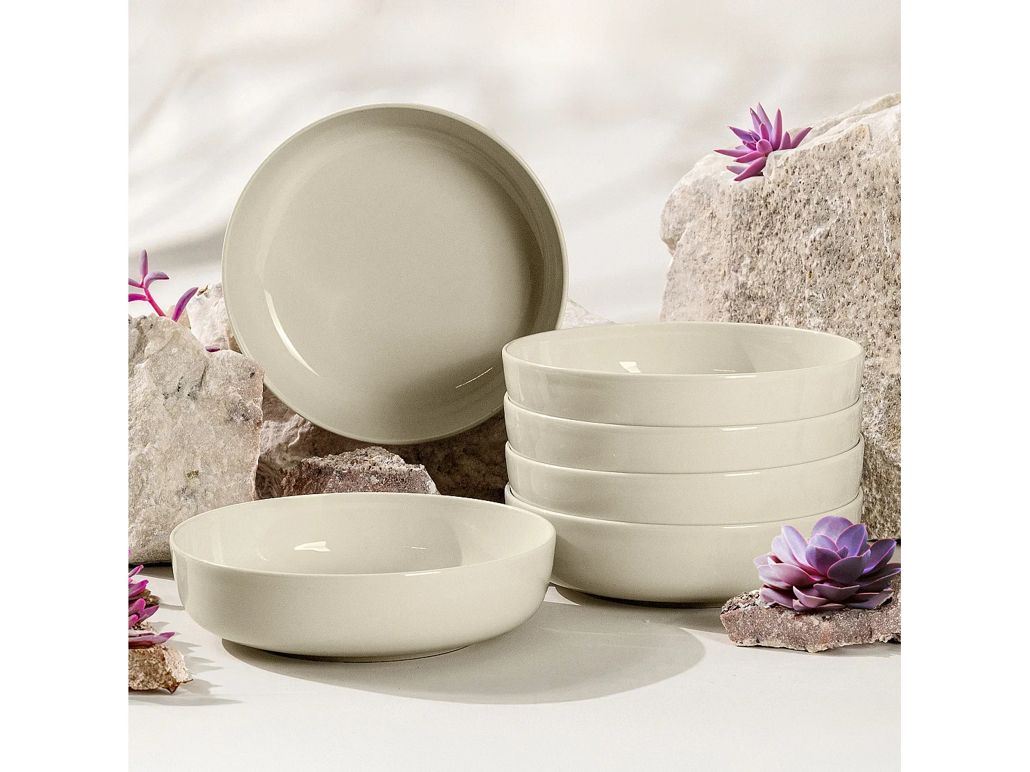 Set de assiettes creuses - 6 personnes 6 pièces - Beige Brillant - VICTO