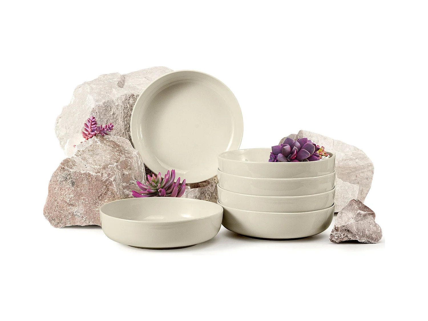 Set de assiettes creuses - 6 personnes 6 pièces - Beige Brillant - VICTO