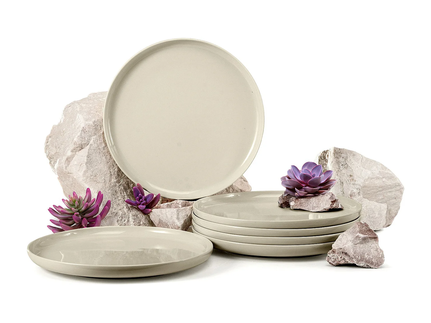 Set de assiete plates 6 personnes 6 pièces - Beige Brillant - VICTO