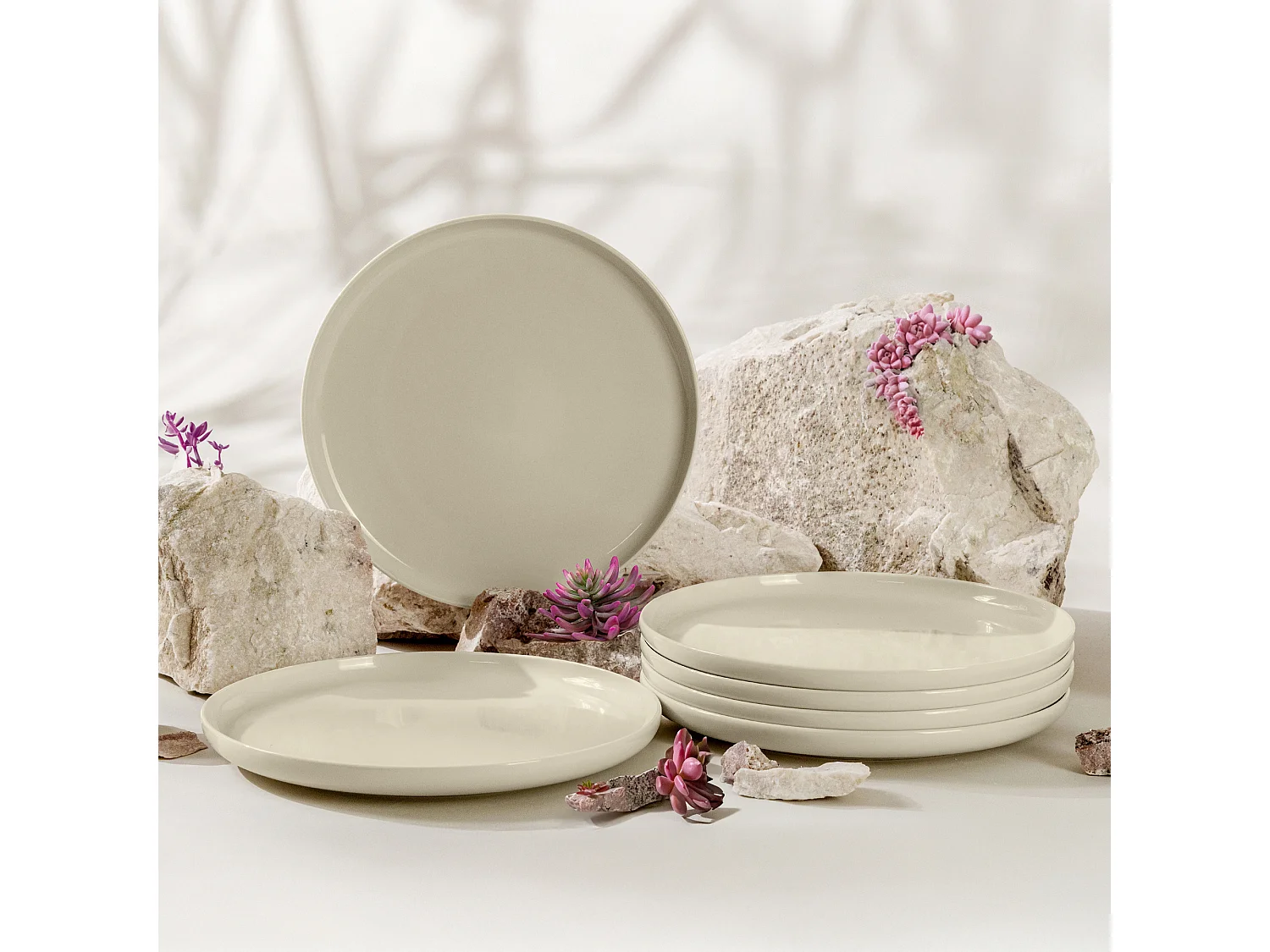 Set de assiete plates 6 personnes 6 pièces - Beige Brillant - VICTO