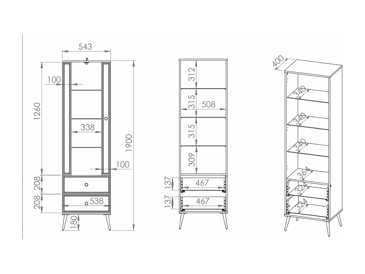 Vitrine haute - 1 porte et 2 tiroirs LED - blanc avec pieds dorés - DARRBY