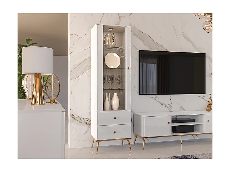 Hoge vitrinekast - 1 deur en 2 LED-laden - wit met gouden poten - DARRBY