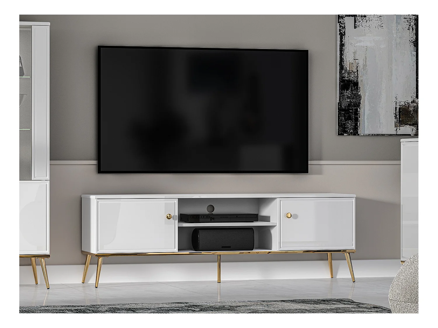 TV-Lowboard - Weiß Matt / Hochglanz - goldene Beine - 160 cm - DARRBY